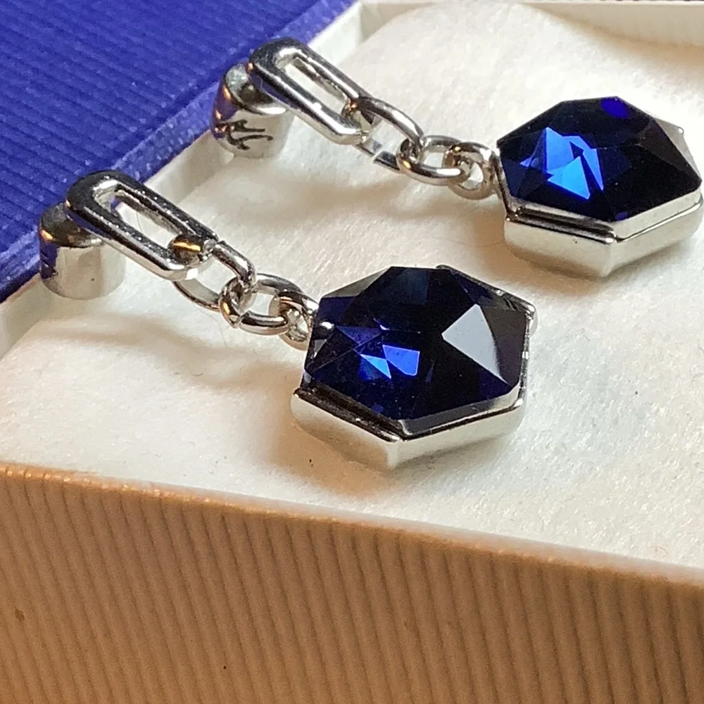 Kenneth Cole Blue Faceted Drop Earrings Hexagonal Silver Tone Royal Blue